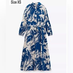 Zara Blue and Cream Long Sleeve Dress
